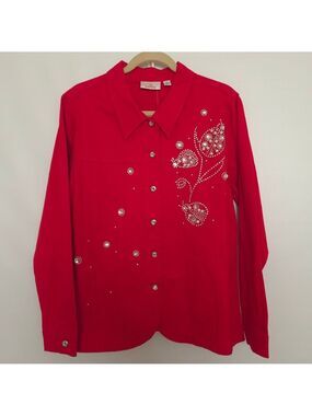 Quacker Factory Denim Jacket Shacket Women Red Sequins Pearls Lady Bugs Large